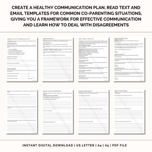 May include: A printable worksheet with the title "Create a Healthy Communication Plan, Read Text and Email Templates for Common Co-Parenting Situations, Giving You a Framework for Effective Communication and Learn How to Deal with Disagreements". The worksheet is divided into sections with headings such as "Creating a Healthy Communication Plan", "Text & Email Templates", "Dealing with Disagreements", and "Reflection and Your Feelings".