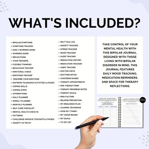 K&ouml;nnte beinhalten: Ein wei&szlig;es und schwarzes Journal mit dem Text "What's Included?" und einer Liste von Themen im Zusammenhang mit bipolarer St&ouml;rung. Das Journal ist ge&ouml;ffnet, um die Innenseiten zu zeigen, die Abschnitte zum Verfolgen von Symptomen, Stimmung, Medikamenten und Therapie enthalten. Der Text "&Uuml;bernehmen Sie die Kontrolle &uuml;ber Ihre psychische Gesundheit mit diesem Bipolar-Journal. Entwickelt f&uuml;r Menschen, die mit bipolarer St&ouml;rung leben, bietet dieses Journal t&auml;gliche Stimmungsverfolgung, Medikamentenerinnerungen und Platz f&uuml;r Therapie-Reflexionen." ist ebenfalls sichtbar.