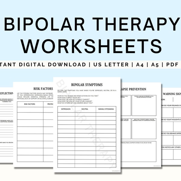 Bipolar Therapy Worksheets, Bipolar Journal Printable, Bipolar Disorder, Anxiety, Bipolar Awareness, Manic, Depressive, Bipolar Workbook