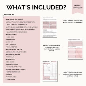 Puede incluir: Un planificador imprimible rosa y blanco con el texto "What's Included?" y una lista de elementos incluidos en el planificador. Los elementos incluyen: "What is a calorie deficit?", "Useful information about calorie deficits", "Calculate your calorie deficit", "Starting your calorie deficit journey (5 pages)", "Your current weight/body measurements", "Measurement tracker (2 pages)", "Weight tracker", "Macro guide", "Shopping list", "Dining out", "Daily food log", "First day review", "Weekly calorie tracker", "Weekly water intake tracker", "Weekly step tracker", "Running log", "Workout log", "Week review", "Sleeping patterns", "Monthly sleep tracker", "Vitamin/supplement tracker", "Milestone & rewards", "Progress", "Planning ahead", "Future goals".