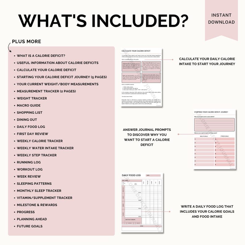 Puede incluir: Un planificador imprimible rosa y blanco con el texto "What's Included?" y una lista de elementos incluidos en el planificador. Los elementos incluyen: "What is a calorie deficit?", "Useful information about calorie deficits", "Calculate your calorie deficit", "Starting your calorie deficit journey (5 pages)", "Your current weight/body measurements", "Measurement tracker (2 pages)", "Weight tracker", "Macro guide", "Shopping list", "Dining out", "Daily food log", "First day review", "Weekly calorie tracker", "Weekly water intake tracker", "Weekly step tracker", "Running log", "Workout log", "Week review", "Sleeping patterns", "Monthly sleep tracker", "Vitamin/supplement tracker", "Milestone & rewards", "Progress", "Planning ahead", "Future goals".