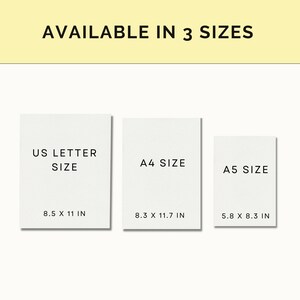 May include: Three white paper cards with black text showing the different sizes available for prints. The sizes are US Letter (8.5 x 11 inches), A4 (8.3 x 11.7 inches), and A5 (5.8 x 8.3 inches).