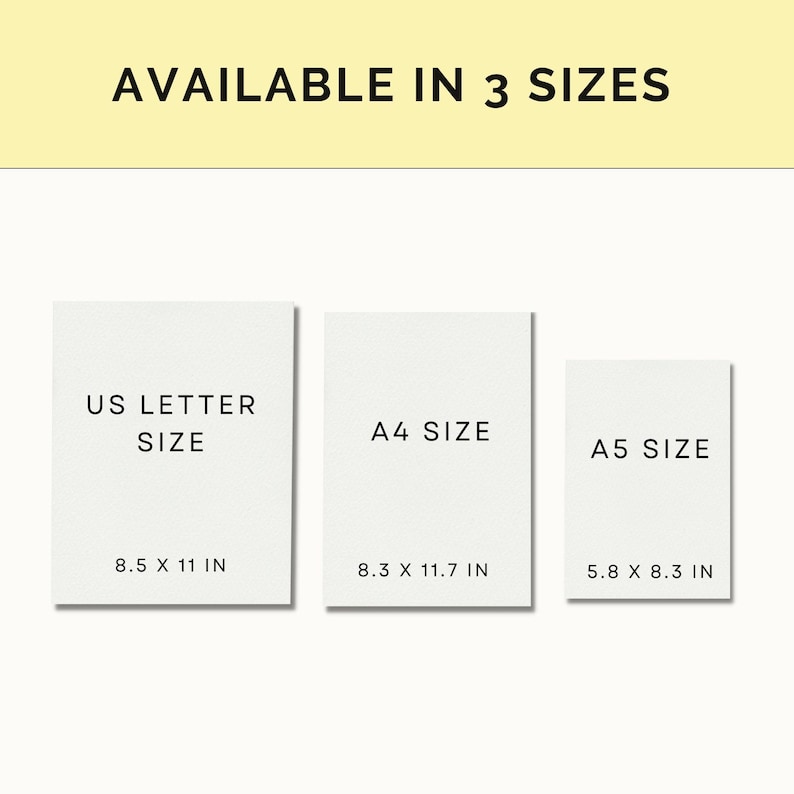 May include: Three white paper cards with black text showing the different sizes available for prints. The sizes are US Letter (8.5 x 11 inches), A4 (8.3 x 11.7 inches), and A5 (5.8 x 8.3 inches).