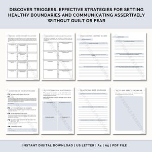 May include: A printable worksheet with the title "Discover Triggers, Effective Strategies for Setting Healthy Boundaries and Communicating Assertively Without Guilt or Fear". The worksheet is divided into sections with titles such as "Triggers and Boundary Violations", "Consequences for Boundary Violations", "Challenging Limiting Beliefs", "Communicate Your Boundaries", "Setting Personal Boundaries", "Practicing Self-Kindness", and "Acts of Self-Kindness".
