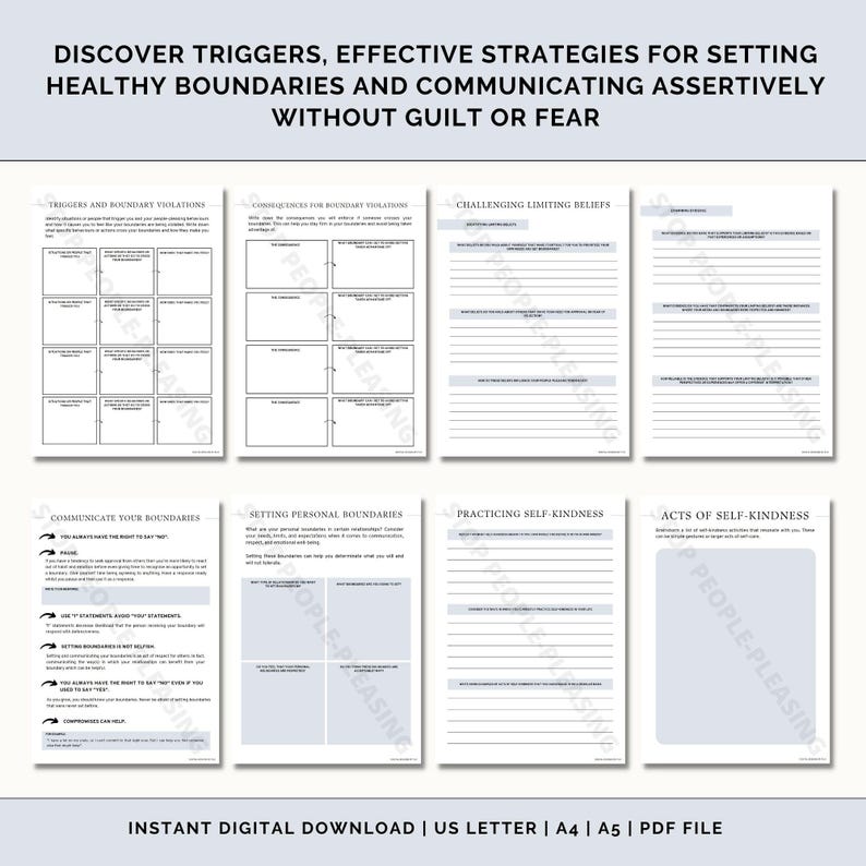 May include: A printable worksheet with the title "Discover Triggers, Effective Strategies for Setting Healthy Boundaries and Communicating Assertively Without Guilt or Fear". The worksheet is divided into sections with titles such as "Triggers and Boundary Violations", "Consequences for Boundary Violations", "Challenging Limiting Beliefs", "Communicate Your Boundaries", "Setting Personal Boundaries", "Practicing Self-Kindness", and "Acts of Self-Kindness".