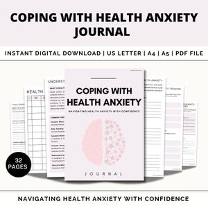 Könnte beinhalten: Eine rosa-weiße Gehirngrafik mit dem Text "Coping with Health Anxiety Journal" und "Navigating Health Anxiety with Confidence". Das Journal soll Menschen helfen, mit Gesundheitsängsten umzugehen, und enthält 32 Seiten mit Arbeitsblättern und Übungen.