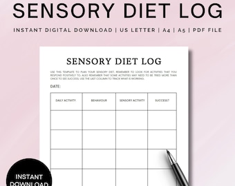 Sensory Diet Planner For Autism, ADHD, Sensory Processing Disorder, Sensory Diet Log, Occupational Therapy, Autism Printable, Sensory