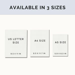 May include: Three white paper rectangles with black text showing the different sizes available for prints. The sizes are US Letter (8.5 x 11 inches), A4 (8.3 x 11.7 inches), and A5 (5.8 x 8.3 inches).