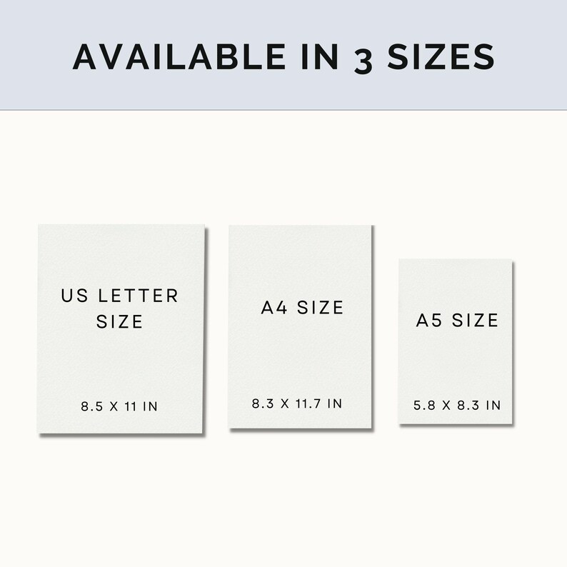 May include: Three white paper rectangles with black text showing the different sizes available for prints. The sizes are US Letter (8.5 x 11 inches), A4 (8.3 x 11.7 inches), and A5 (5.8 x 8.3 inches).