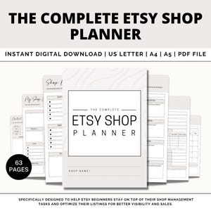 May include: A printable Etsy shop planner with 63 pages, designed to help Etsy beginners stay on top of their shop management tasks and optimize their listings for better visibility and sales. The planner includes sections for shop information, product descriptions, pricing, marketing, and more.