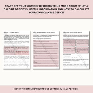 Puede incluir: Una gu&iacute;a imprimible rosa y blanca con el t&iacute;tulo "Start Off Your Journey by Discovering More About What a Calorie Deficit Is, Useful Information and How to Calculate Your Own Calorie Deficit". La gu&iacute;a incluye informaci&oacute;n sobre los d&eacute;ficits cal&oacute;ricos, c&oacute;mo calcularlos y un ejemplo simplificado.