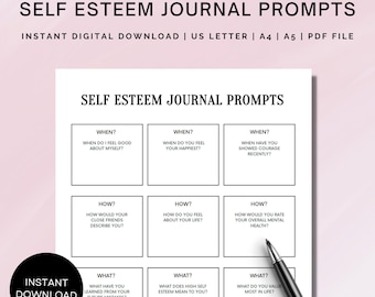 Printable Self-Esteem Journal Prompts, Self Esteem Worksheet, Self Esteem Workbook, Therapy Worksheets, Journal Prompts, Self Confidence