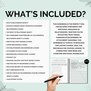 May include: A workbook titled "What's Included?" lists the contents of the workbook, which is a tool for building confidence and emotional resilience in relationships. The workbook covers topics such as identifying triggers, coping mechanisms, and managing jealousy and trust issues. The workbook is ideal for individuals or couples looking to strengthen their bond and overcome emotional roadblocks.