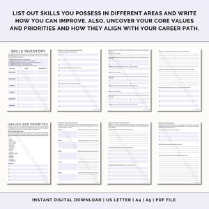 May include: A printable worksheet with the title "Skills Inventory" and "Values and Priorities" to help you identify your skills, values, and priorities and how they align with your career path.