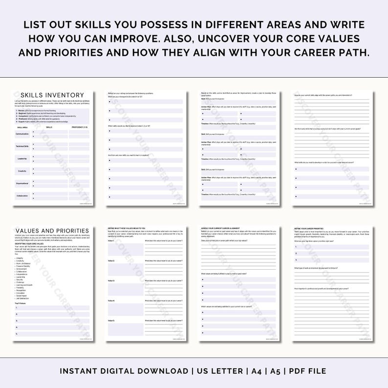 May include: A printable worksheet with the title "Skills Inventory" and "Values and Priorities" to help you identify your skills, values, and priorities and how they align with your career path.