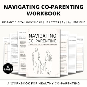 May include: A black and white illustration of a family of three walking, with the text "Navigating Co-Parenting: A Workbook for Healthy Co-Parenting" on the cover. The workbook is for instant digital download and is available in US Letter, A4, and A5 sizes.