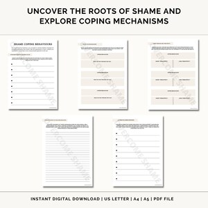 May include: A printable worksheet with the title "Uncover the Roots of Shame and Explore Coping Mechanisms". The worksheet is divided into sections with headings such as "Shame Coping Behaviours", "Reflect on Coping Behaviours", and "Alternative Coping Strategies".