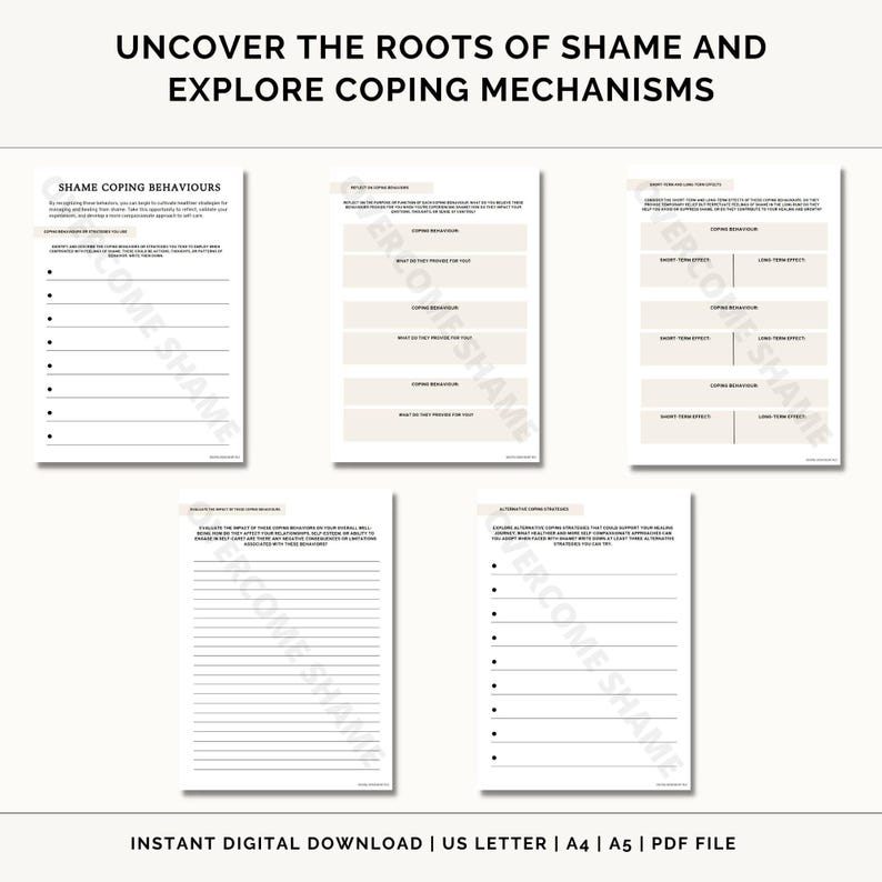 May include: A printable worksheet with the title "Uncover the Roots of Shame and Explore Coping Mechanisms". The worksheet is divided into sections with headings such as "Shame Coping Behaviours", "Reflect on Coping Behaviours", and "Alternative Coping Strategies".