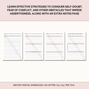 K&ouml;nnte beinhalten: Ein druckbares Arbeitsblatt mit vier Abschnitten mit den &Uuml;berschriften "Negative Reaktionen und Kritik", "Umgang mit Unbehagen und Schuldgef&uuml;hlen", "Reflexion &uuml;ber das authentische Selbst" und "Verfolgen von Fortschritten". Jeder Abschnitt hat linierte Bereiche zum Schreiben. Das Arbeitsblatt soll Menschen helfen, Selbstzweifel zu &uuml;berwinden und Selbstbewusstsein aufzubauen.