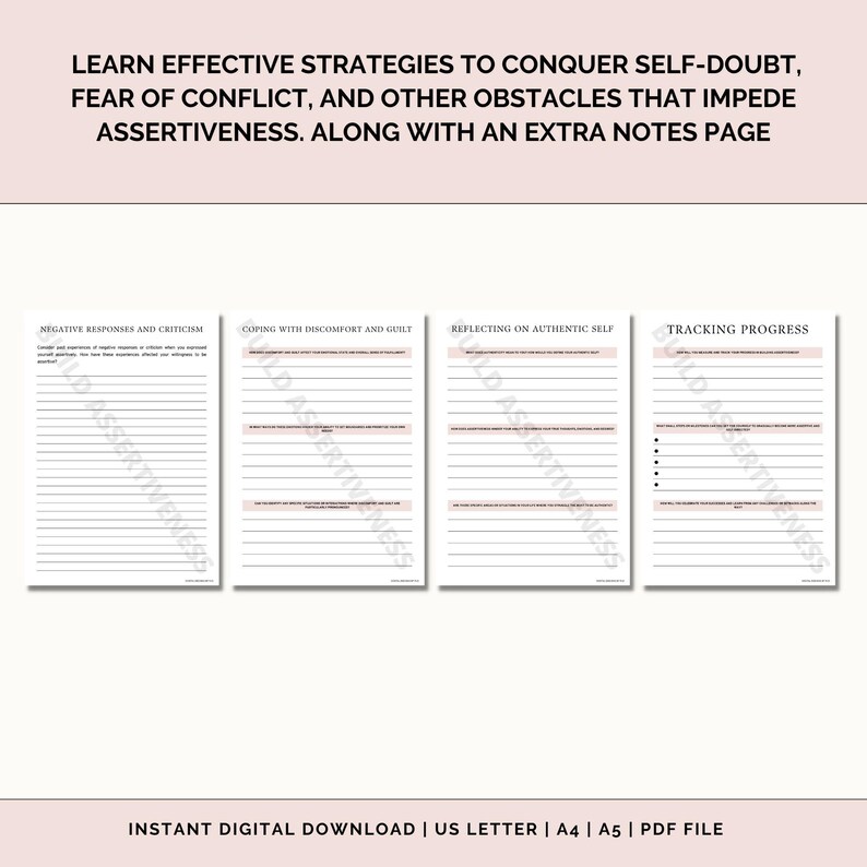 K&ouml;nnte beinhalten: Ein druckbares Arbeitsblatt mit vier Abschnitten mit den &Uuml;berschriften "Negative Reaktionen und Kritik", "Umgang mit Unbehagen und Schuldgef&uuml;hlen", "Reflexion &uuml;ber das authentische Selbst" und "Verfolgen von Fortschritten". Jeder Abschnitt hat linierte Bereiche zum Schreiben. Das Arbeitsblatt soll Menschen helfen, Selbstzweifel zu &uuml;berwinden und Selbstbewusstsein aufzubauen.