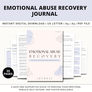 K&ouml;nnte beinhalten: Ein rosa und lilafarbene Journal-Umschlag mit dem Text "Emotional Abuse Recovery Journal" und "Ein sicherer und unterst&uuml;tzender Raum, um deine Emotionen zu verarbeiten, dein Selbstwertgef&uuml;hl wieder aufzubauen und Widerstandsf&auml;higkeit zu f&ouml;rdern".