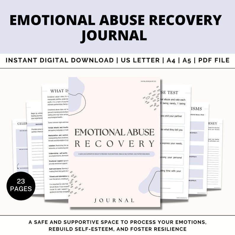 K&ouml;nnte beinhalten: Ein rosa und lilafarbene Journal-Umschlag mit dem Text "Emotional Abuse Recovery Journal" und "Ein sicherer und unterst&uuml;tzender Raum, um deine Emotionen zu verarbeiten, dein Selbstwertgef&uuml;hl wieder aufzubauen und Widerstandsf&auml;higkeit zu f&ouml;rdern".