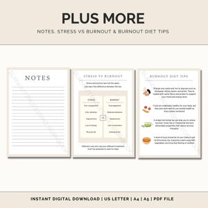 May include: Printable worksheet with notes, stress vs burnout, and burnout diet tips. The worksheet is divided into three sections with headings and bullet points. The first section is for notes, the second section compares stress and burnout, and the third section provides tips for a burnout diet.
