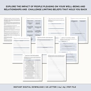 May include: A printable worksheet titled "Explore the Impact of People Pleasing on Your Well-Being and Relationships and Challenge Limiting Beliefs That Hold You Back". The worksheet includes sections on understanding people pleasing, authentic kindness vs people pleasing, self-reflection on people pleasing, awareness of people pleasing boundaries, reflecting on self-critique, motivations and beliefs, impact on well-being, and social boundaries.