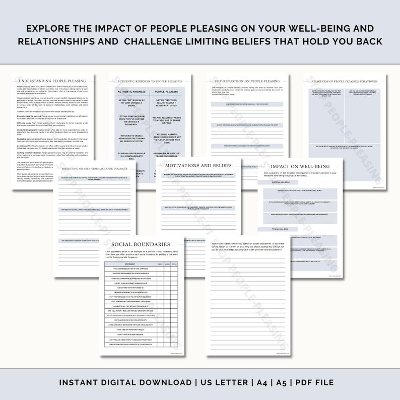 May include: A printable worksheet titled "Explore the Impact of People Pleasing on Your Well-Being and Relationships and Challenge Limiting Beliefs That Hold You Back". The worksheet includes sections on understanding people pleasing, authentic kindness vs people pleasing, self-reflection on people pleasing, awareness of people pleasing boundaries, reflecting on self-critique, motivations and beliefs, impact on well-being, and social boundaries.