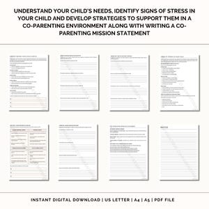 May include: Printable worksheet for co-parenting, with sections for understanding your child's needs, identifying signs of stress, developing strategies to support them, and writing a co-parenting mission statement.