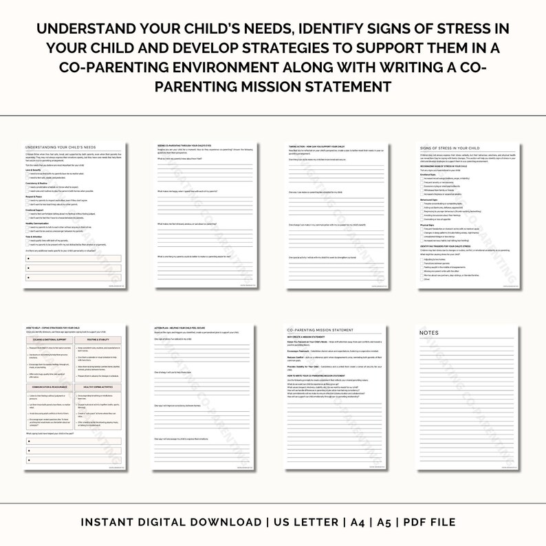 May include: Printable worksheet for co-parenting, with sections for understanding your child's needs, identifying signs of stress, developing strategies to support them, and writing a co-parenting mission statement.