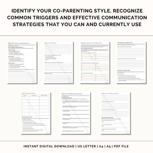 May include: A printable worksheet with the title "Identify Your Co-Parenting Style, Recognize Common Triggers and Effective Communication Strategies That You Can and Currently Use". The worksheet is divided into sections with prompts for reflection and writing.