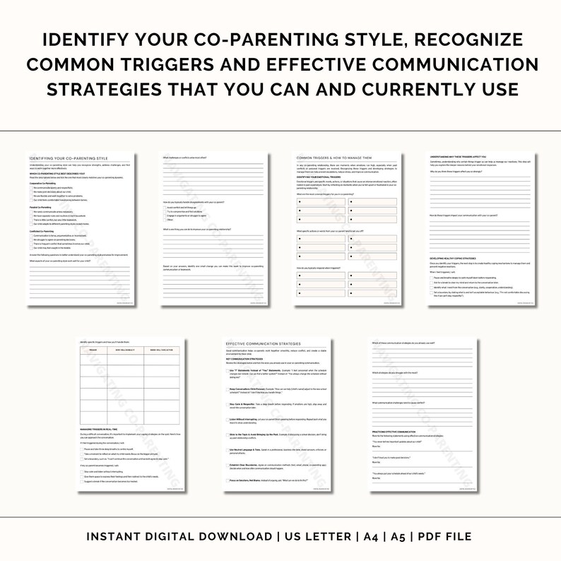 May include: A printable worksheet with the title "Identify Your Co-Parenting Style, Recognize Common Triggers and Effective Communication Strategies That You Can and Currently Use". The worksheet is divided into sections with prompts for reflection and writing.