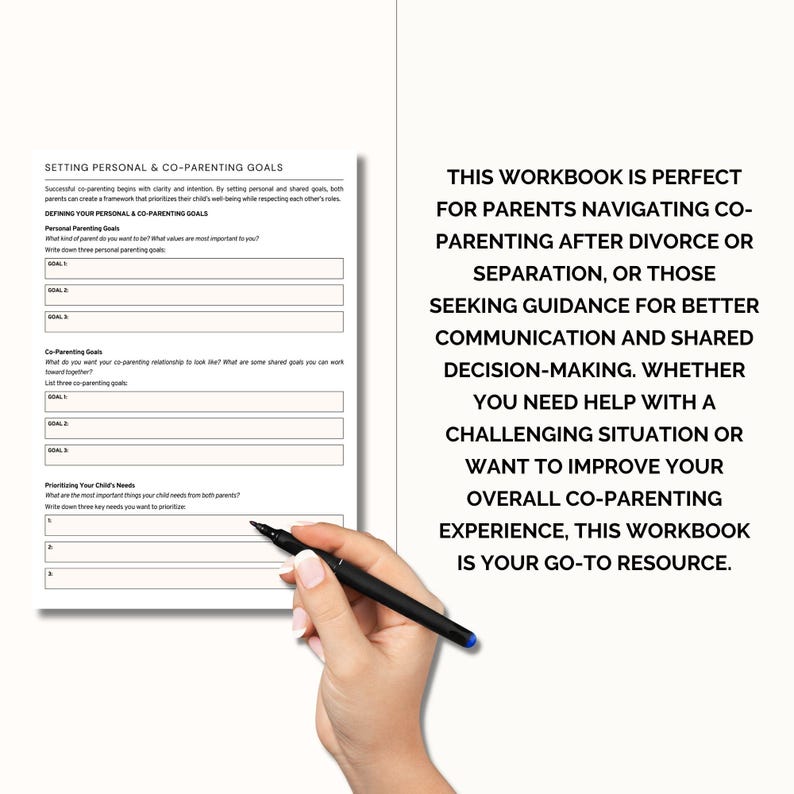 May include: A black and white printable worksheet with the title "Setting Personal & Co-Parenting Goals". The worksheet includes sections for defining personal and co-parenting goals, prioritizing a child's needs, and listing three goals for each section. The worksheet is designed to help parents navigate co-parenting after divorce or separation.