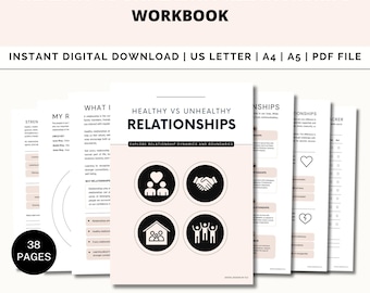 Healthy vs Unhealthy Relationships Workbook, Therapy Worksheets, Types Of Relationships, Communication Skills, Boundaries, Trust, Plus More