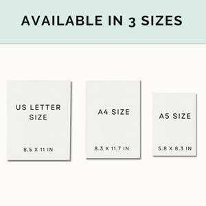 May include: Three white paper rectangles with black text showing the different sizes available for a printable. The sizes are US Letter (8.5 x 11 inches), A4 (8.3 x 11.7 inches), and A5 (5.8 x 8.3 inches).