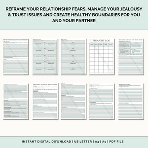 May include: A printable worksheet with the title "Reframe Your Relationship Fears, Manage Your Jealousy & Trust Issues and Create Healthy Boundaries for You and Your Partner". The worksheet includes sections for "Reframing Relationship Fears", "Creating Healthy Boundaries", "Thought Log", and "Managing Jealousy and Trust Issues".