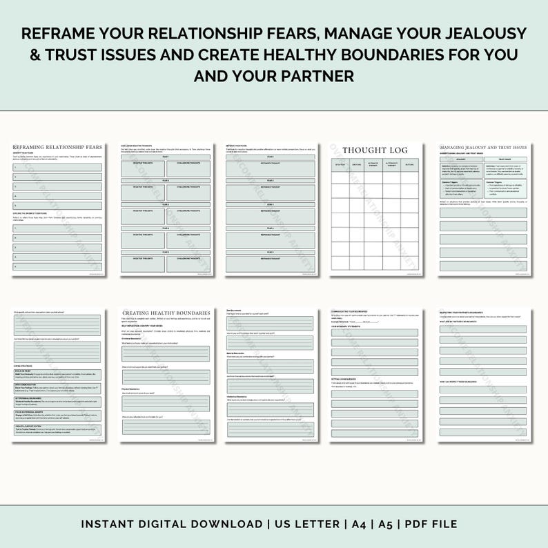 May include: A printable worksheet with the title "Reframe Your Relationship Fears, Manage Your Jealousy & Trust Issues and Create Healthy Boundaries for You and Your Partner". The worksheet includes sections for "Reframing Relationship Fears", "Creating Healthy Boundaries", "Thought Log", and "Managing Jealousy and Trust Issues".