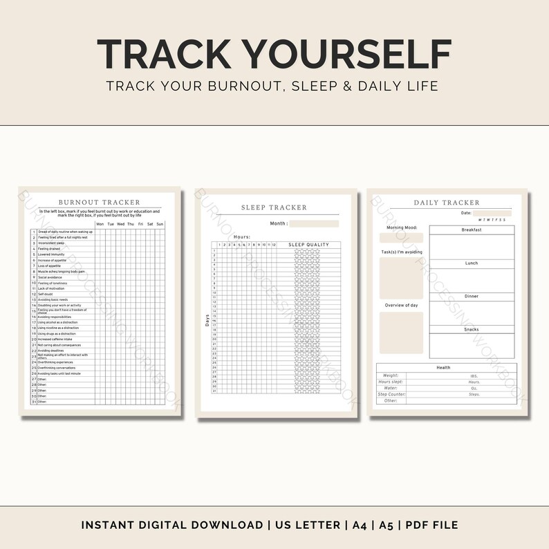 May include: Printable burnout, sleep, and daily tracker. The printable has three sections: burnout tracker, sleep tracker, and daily tracker. The burnout tracker has a list of symptoms and a grid to track them. The sleep tracker has a grid to track sleep hours and quality. The daily tracker has sections for morning mood, tasks, overview of the day, meals, snacks, and health.