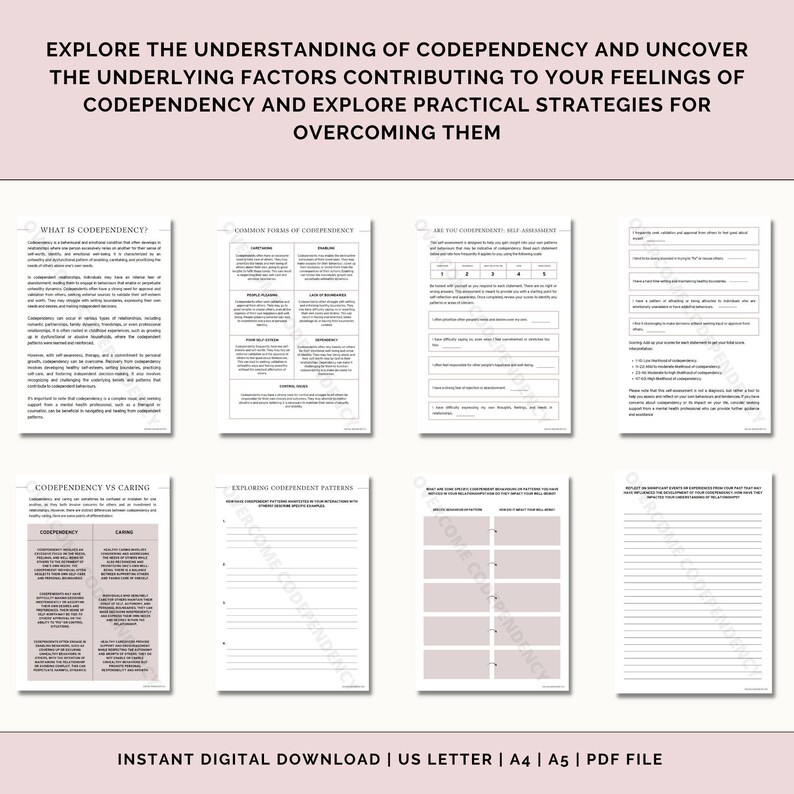 Op de afbeelding: Een printbaar werkblad met de titel "Verken het begrip van codependentie en ontdek de onderliggende factoren die bijdragen aan uw gevoelens van codependentie en verken praktische strategie&euml;n om ze te overwinnen". Het werkblad bevat secties over wat codependentie is, veelvoorkomende vormen van codependentie, ben je codependent of gewoon afhankelijk, codependentie versus zorg, het verkennen van codependente patronen en welke codependente patronen je in je leven hebt opgemerkt.