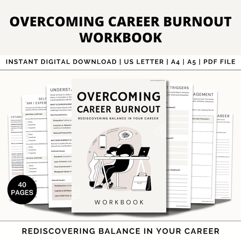 Może przedstawiać: Czarno-biały zeszyt ćwiczeń zatytułowany "Overcoming Career Burnout: Rediscovering Balance in Your Career". Okładka przedstawia kresk&oacute;wkową ilustrację osoby śpiącej przy biurku z laptopem i ikoną baterii. Zeszyt ćwiczeń ma 40 stron i jest dostępny jako natychmiastowy pobranie cyfrowe.