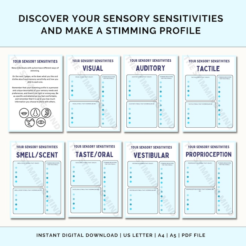 May include: Printable worksheet with a blue background and black text. The worksheet is titled "Discover Your Sensory Sensitivities and Make a Stimming Profile". It includes eight sections: Visual, Auditory, Tactile, Smell/Scent, Taste/Oral, Vestibular, Proprioception. Each section has a list of questions to help you understand your sensory sensitivities.