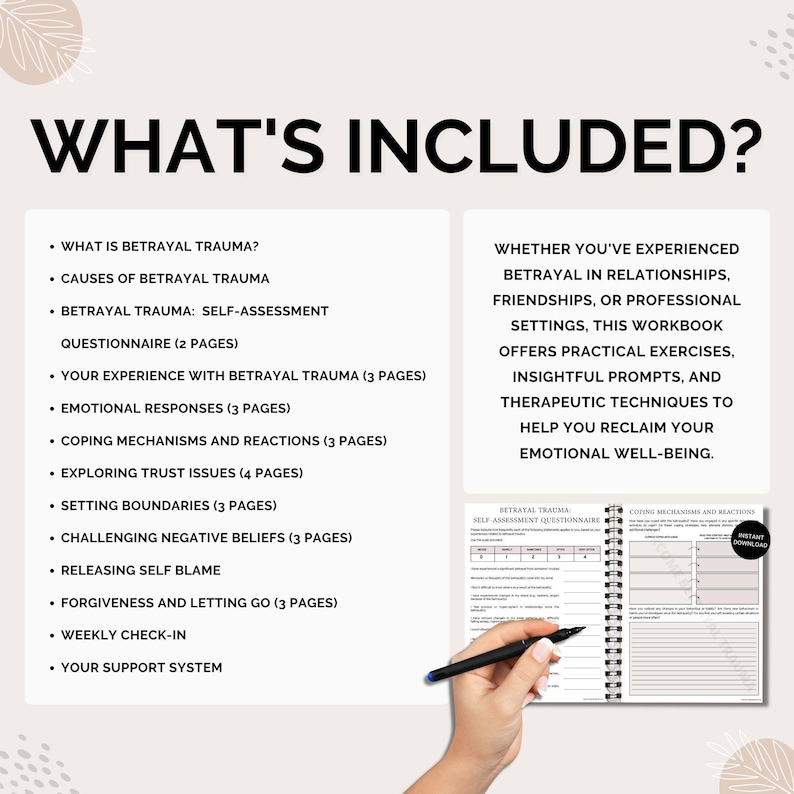 May include: A workbook titled "Betrayal Trauma" with a white background and black text. The workbook includes a self-assessment questionnaire, coping mechanisms, and exercises to help reclaim emotional well-being.