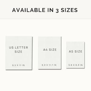 May include: Three white paper cards with text indicating the different sizes available for a print: US Letter size (8.5 x 11 inches), A4 size (8.3 x 11.7 inches), and A5 size (5.8 x 8.3 inches).
