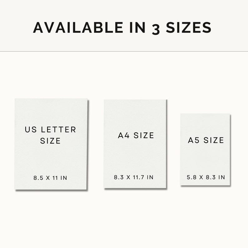 May include: Three white paper cards with text indicating the different sizes available for a print: US Letter size (8.5 x 11 inches), A4 size (8.3 x 11.7 inches), and A5 size (5.8 x 8.3 inches).