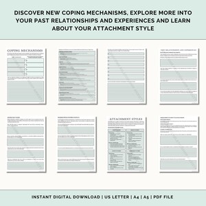 May include: A printable worksheet with the title "Discover New Coping Mechanisms, Explore More Into Your Past Relationships and Experiences and Learn About Your Attachment Style". The worksheet includes sections for coping mechanisms, past relationships and experiences, and attachment styles.