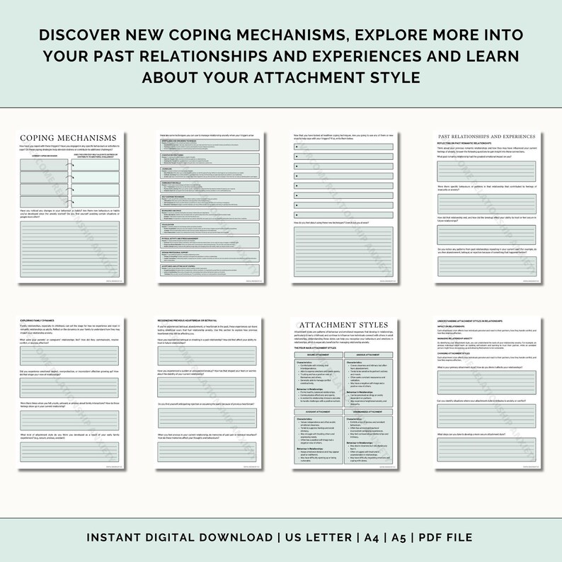 May include: A printable worksheet with the title "Discover New Coping Mechanisms, Explore More Into Your Past Relationships and Experiences and Learn About Your Attachment Style". The worksheet includes sections for coping mechanisms, past relationships and experiences, and attachment styles.