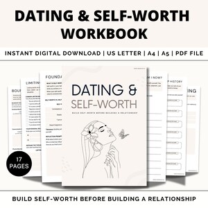 May include: A workbook titled "Dating & Self-Worth" with the text "Build Self-Worth Before Building a Relationship." The cover features a line drawing of a woman with a butterfly. The workbook is available as an instant digital download in US Letter, A4, A5, and PDF file formats.