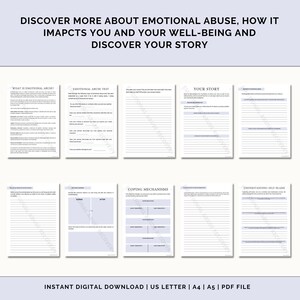 K&ouml;nnte beinhalten: Ein druckbares Arbeitsbuch mit dem Titel "Discover More About Emotional Abuse, How It Impacts You and Your Well-Being and Discover Your Story". Das Arbeitsbuch enth&auml;lt Abschnitte zu den Themen, was emotionaler Missbrauch ist, ein emotionaler Missbrauchstest, Ihre Geschichte, Bew&auml;ltigungsmechanismen und das Verst&auml;ndnis von Selbstvorw&uuml;rfen.