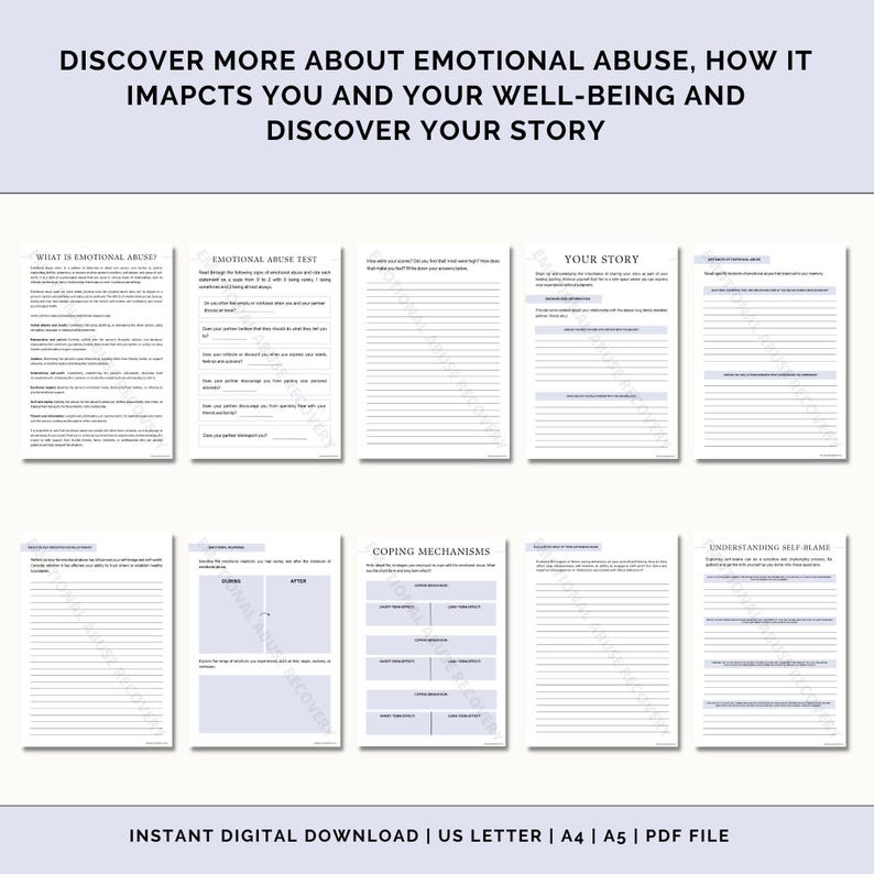 K&ouml;nnte beinhalten: Ein druckbares Arbeitsbuch mit dem Titel "Discover More About Emotional Abuse, How It Impacts You and Your Well-Being and Discover Your Story". Das Arbeitsbuch enth&auml;lt Abschnitte zu den Themen, was emotionaler Missbrauch ist, ein emotionaler Missbrauchstest, Ihre Geschichte, Bew&auml;ltigungsmechanismen und das Verst&auml;ndnis von Selbstvorw&uuml;rfen.